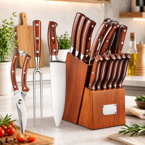 Shiraki Allzweck Küchenmesser Set 16-teilig | Holzgriff & Block