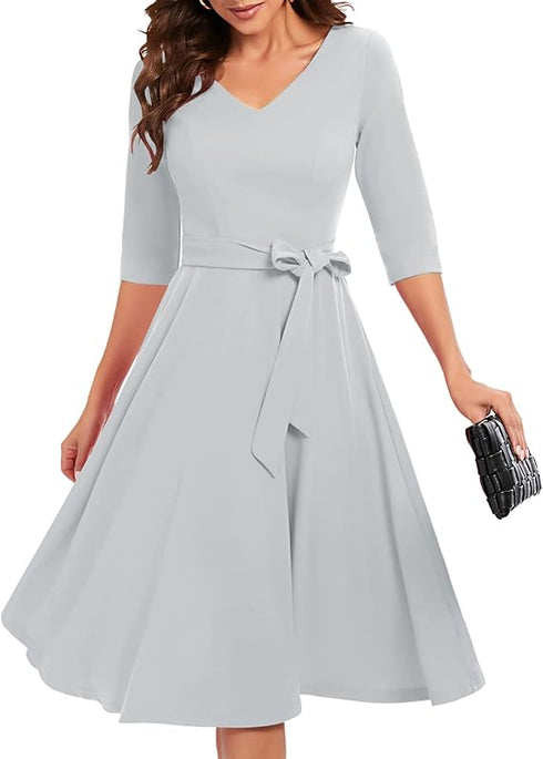 Mikasi Vintage Rockabilly Midi Kleid mit 3/4 Ärmeln und V-Ausschnitt für Hochzeiten und Cocktailpartys