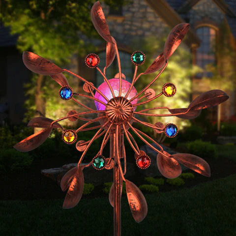 Solare Garten Windmühle mit LED-Licht im Wind – wetterfestes Windspiel aus Metall für Terrasse und Balkon