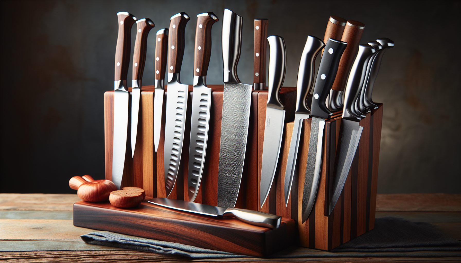 Display an assortment of high-quality kitchen knives arranged neatly on a polished wooden block. Include various types like a chef's knife, bread knife, paring knife, and a carving knife. The knives s