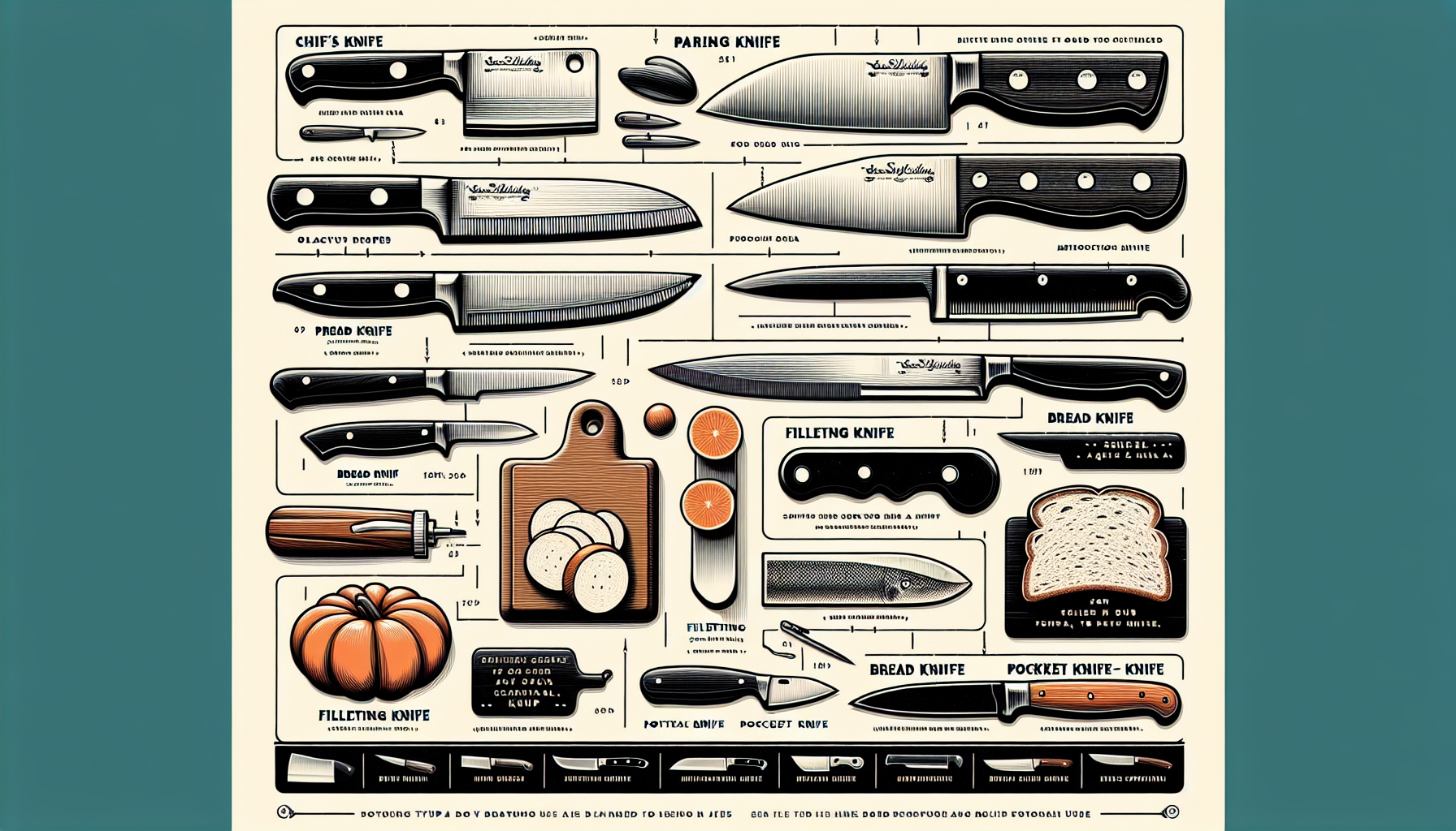 A detailed overview of various types of knives and their uses. The image should include different types of knives such as chef's knives, paring knives, bread knives, filleting knives, and pocket knive