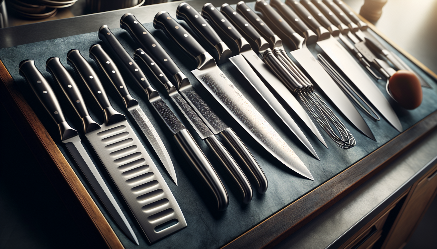 A close-up image displaying an array of professional kitchen knives showcased in an orderly manner. The demographic is of high-quality stainless steel blades with ergonomic handles. Each knife with it