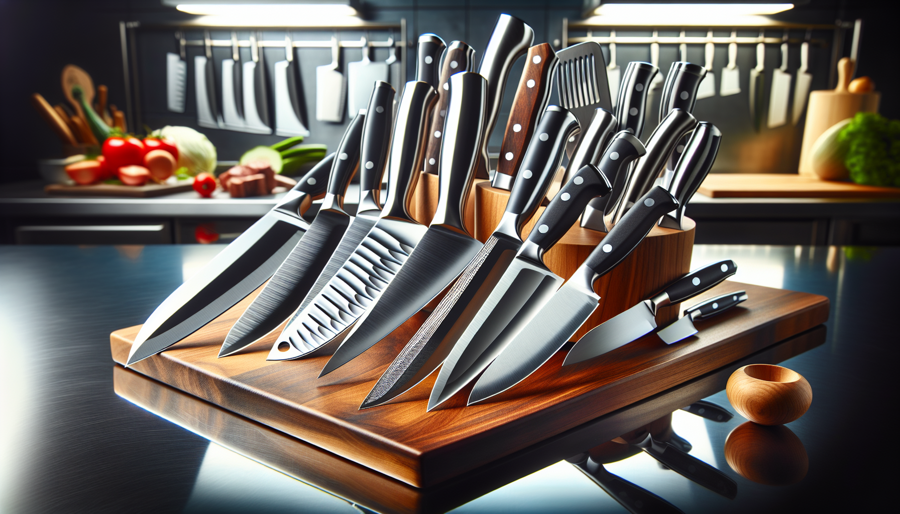 The best professional kitchen knives designed for both professional chefs and home cooking enthusiasts. The image should depict an array of high-quality knives with various shapes and sizes for differ