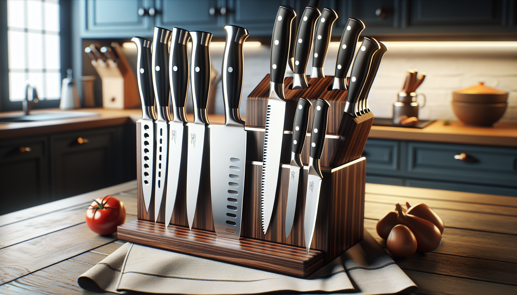 A high-quality knife set: Cutting utensils designed to be efficient helpers in the kitchen. The set includes various types of knives such as a chef's knife, a bread knife, a paring knife, and a utilit