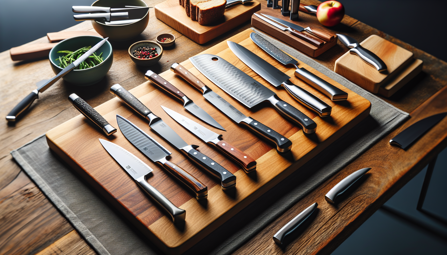 An array of the top rated kitchen knives on a cutting board, each with a distinct design and handle color, showcased in a testing environment. Each knife appears recently sharpened and includes a vari