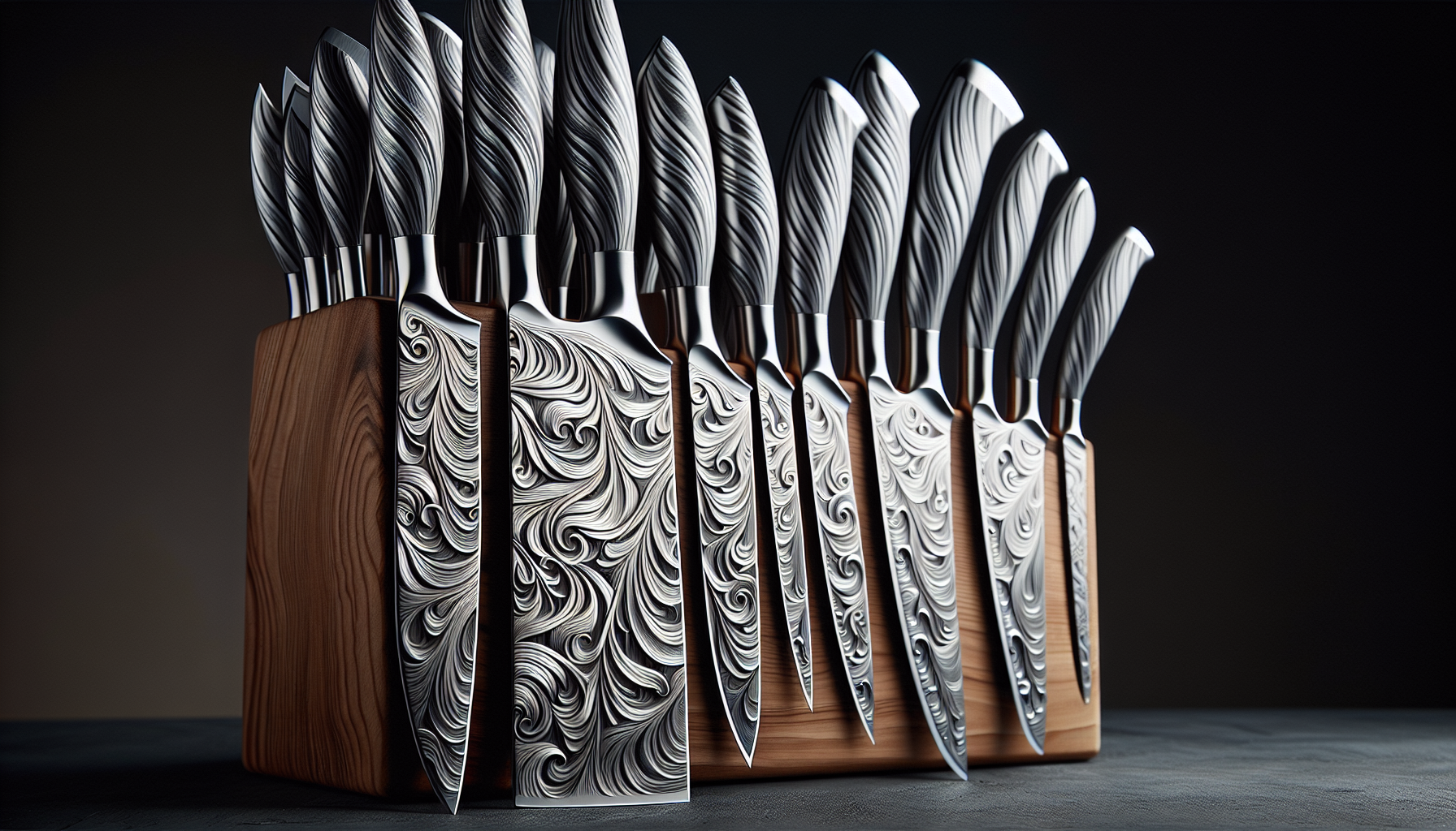 A set of Damask knives: exhibiting sharpness and elegance in the kitchen. The array of knives are made with a distinctive pattern reminiscent of flowing water. They are artfully arranged on a wooden b