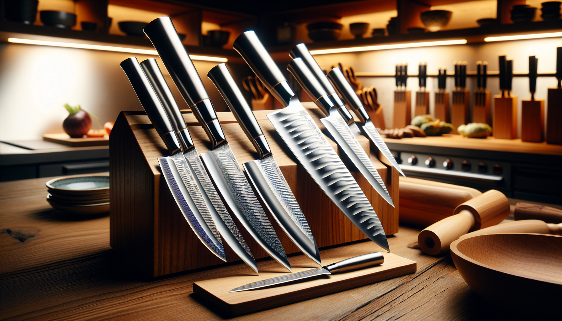 A collection of sharp Japanese knives, carefully crafted with precision that exemplifies the mastery of Japanese artistry. Immaculate detailing on the shiny, metallic blades as they rest neatly on a w