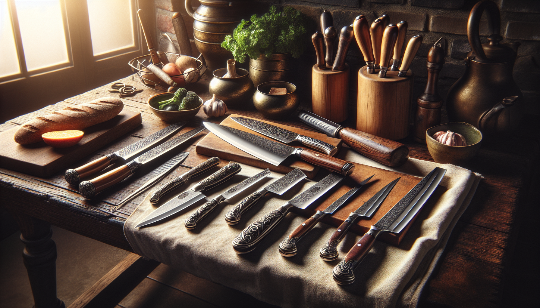 A comprehensive guide on selecting high-quality kitchen knives. The image should illustrate some of the best types of kitchen knives with noted features, such as chef knives, paring knives, bread kniv