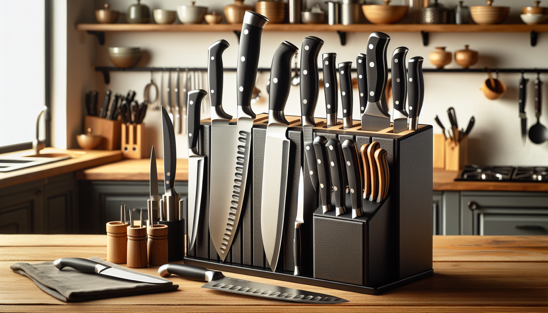 An assortment of the best kitchen knives suitable for any household, exhibiting superior craftsmanship and design. The collection includes various knives for distinct cutting needs like a chef’s knife