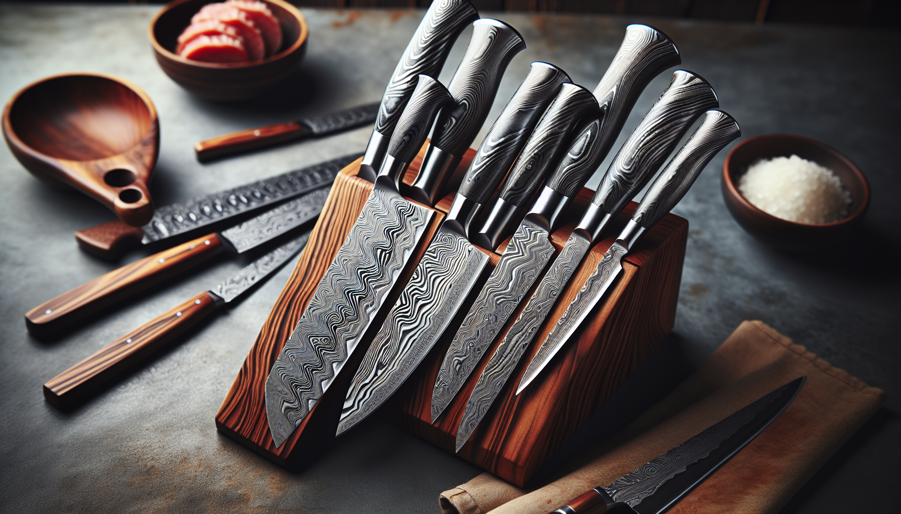 Damascus steel knife set: Elegance and sharpness in your kitchen. An array of beautifully forged blades with distinct patterns indicative of their superior quality. Sitting on a well-crafted wooden bl