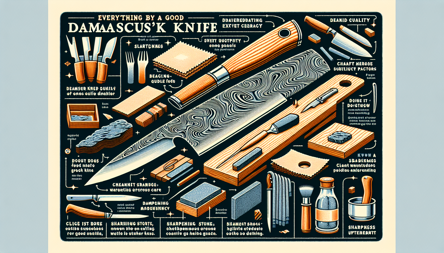 An illustrated guide detailing everything about a good damascus knife - its quality, care, and maintenance. The image showcases a damascus knife of high-quality, emphasized by its wave-like pattern, g