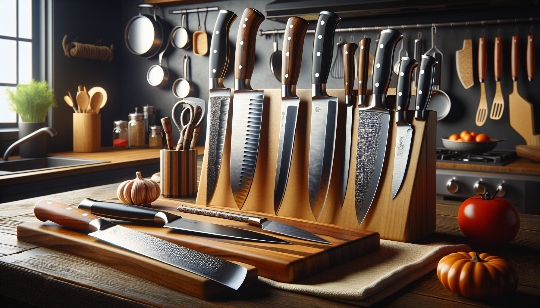 A high-resolution image showcasing a selection of the best kitchen knives suitable for every household. The display should include a variety of knives such as a chef's knife, a paring knife, a bread k