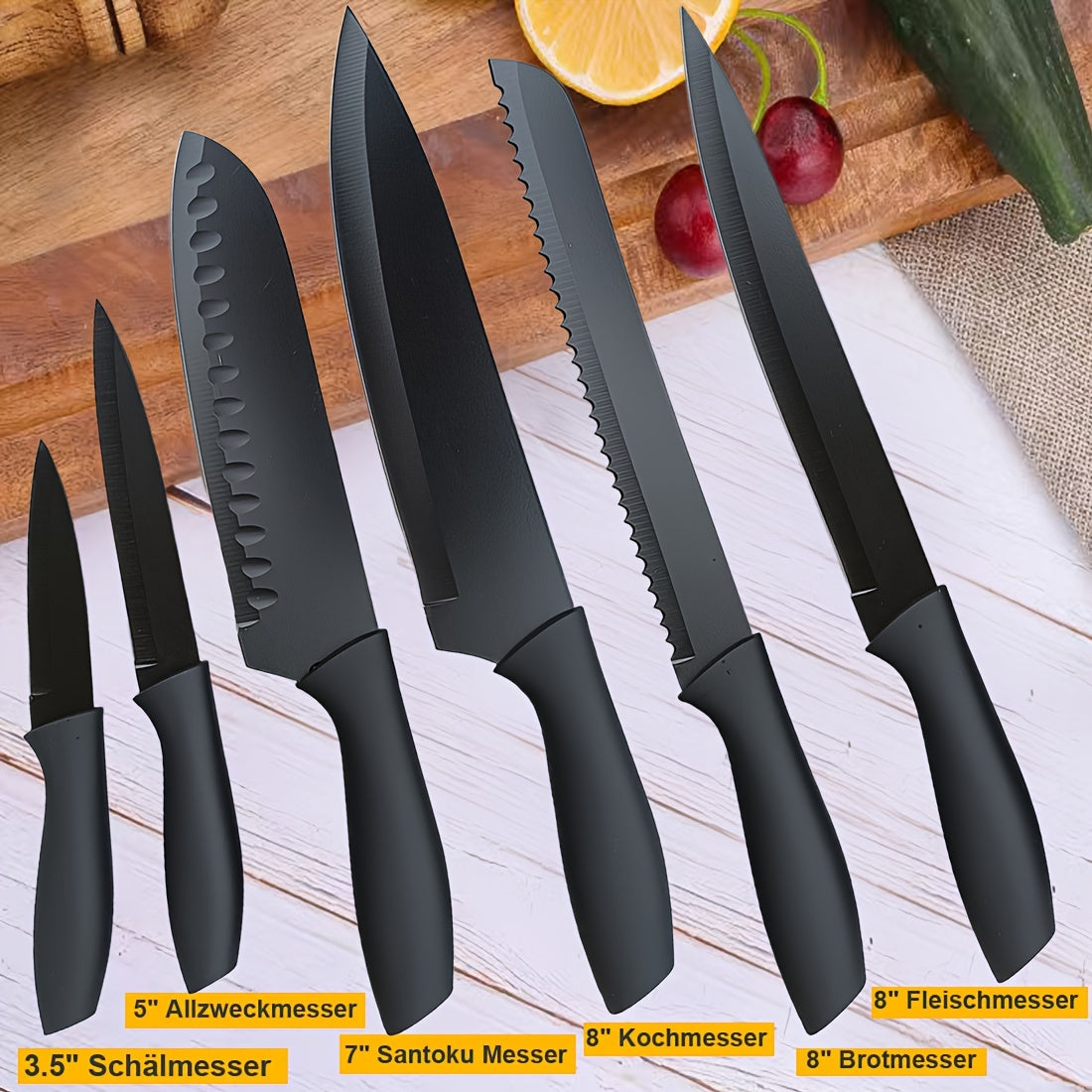 Kurotai 7‑teiliges Profi-Messer-Set – Schwarzes Titan-Küchenmesser Set aus rostfreiem Edelstahl mit ergonomischen Griffen