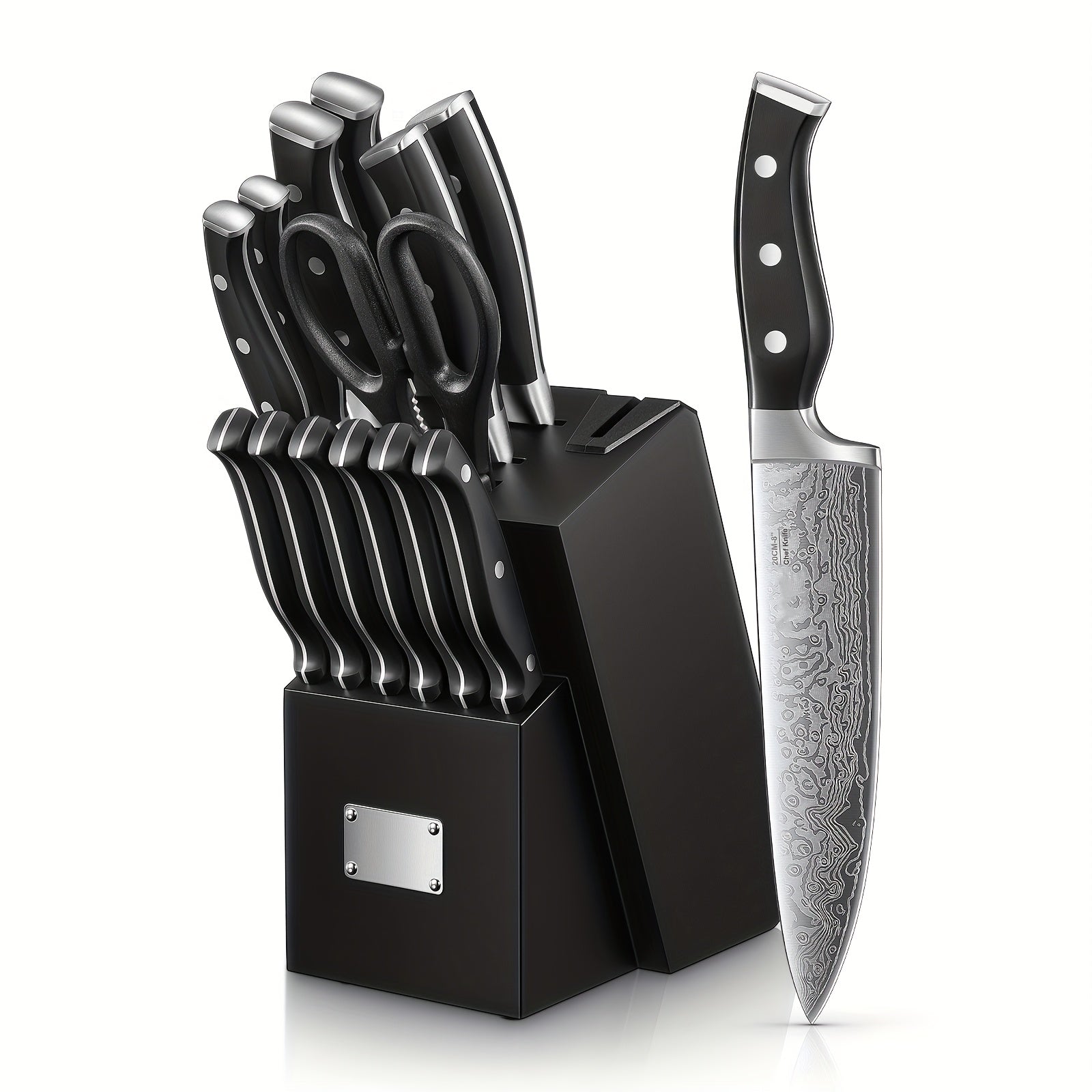 Kenjiro 14‑Klingen Profi-Kochmesser-Set – Edelstahl mit integriertem Wetzstahl, rutschfeste Griffe & Muster-Design
