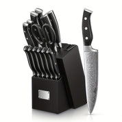 Kenjiro 14‑Klingen Profi-Kochmesser-Set – Edelstahl mit integriertem Wetzstahl, rutschfeste Griffe & Muster-Design