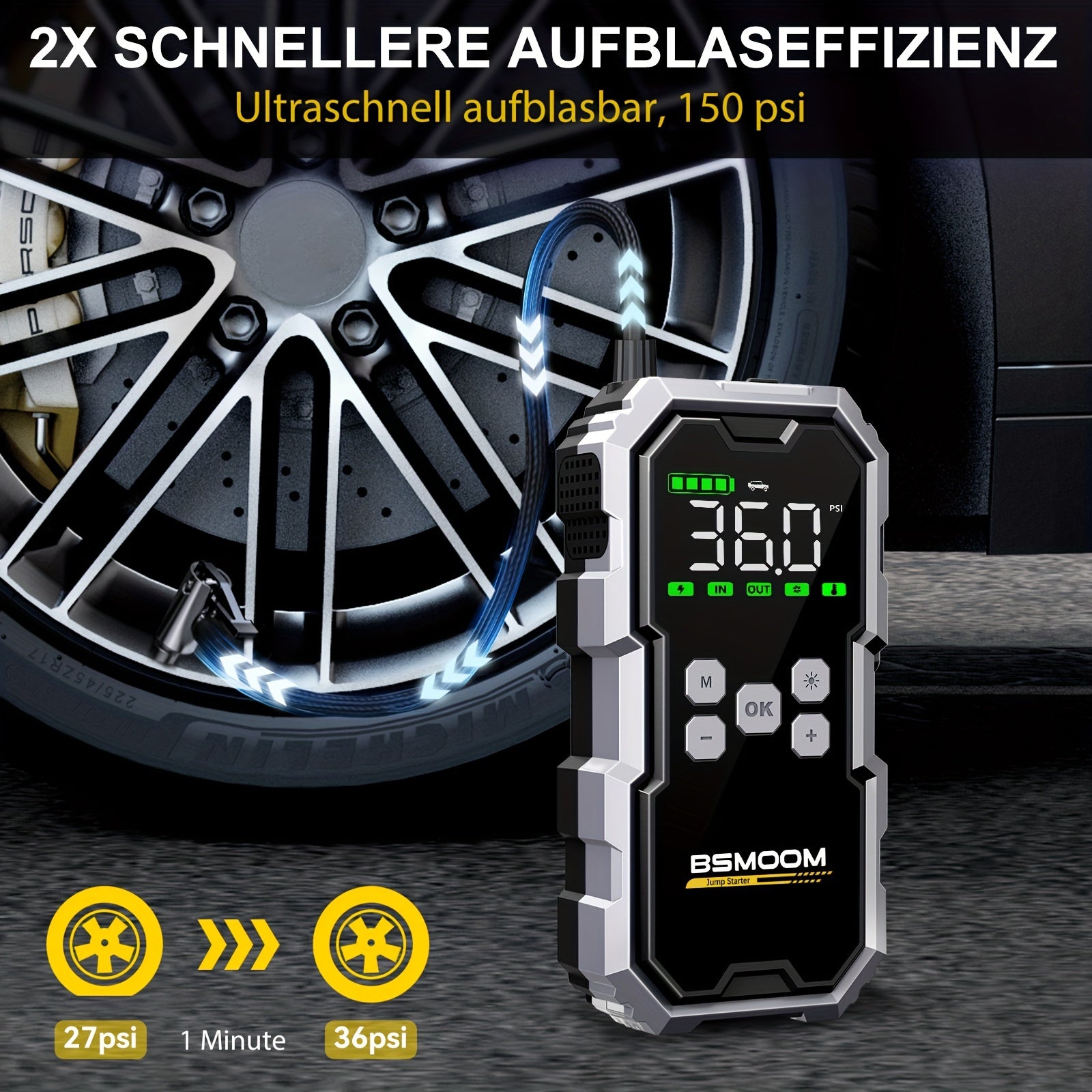 Shōgeni 4-in-1 Jumpstarter – 6000A Starthilfe mit Powerbank, Kompressor & LED-Notlicht