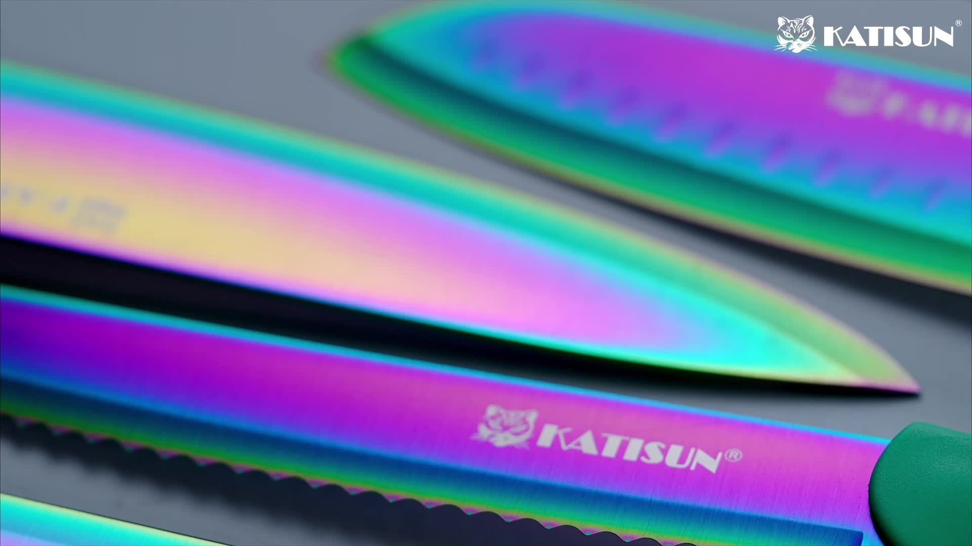 Kazari 14‑Klingen Messerset – Titanbeschichtete Hochkarbonklingen, Holzständer & Küchenschere