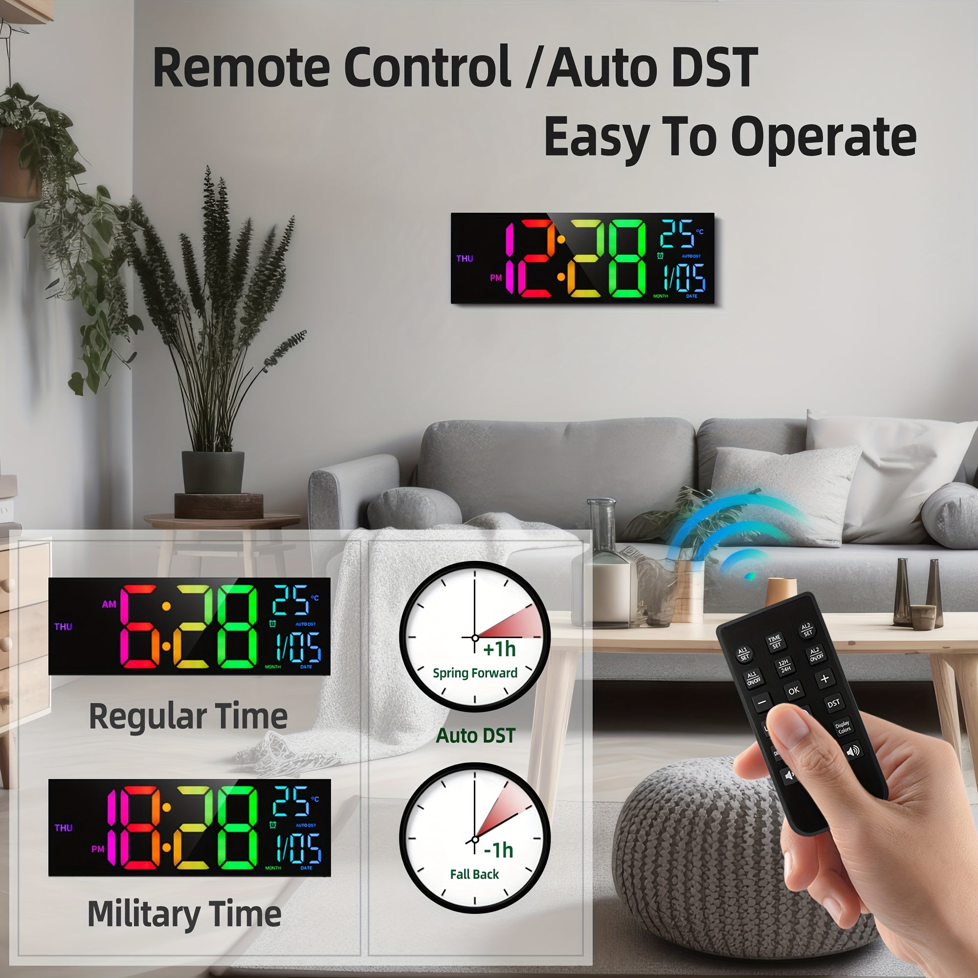 Tomori LED-Digitaluhr 41 cm – USB, RGB-Farben, Dual-Alarm & Fernbedienung