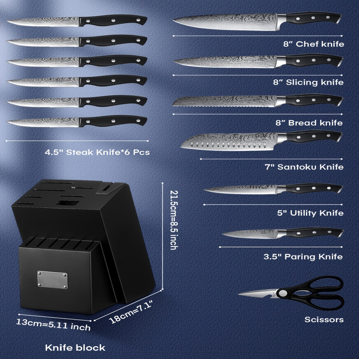 Kenjiro 14‑Klingen Profi-Kochmesser-Set – Edelstahl mit integriertem Wetzstahl, rutschfeste Griffe & Muster-Design