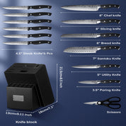 Kenjiro 14‑Klingen Profi-Kochmesser-Set – Edelstahl mit integriertem Wetzstahl, rutschfeste Griffe & Muster-Design
