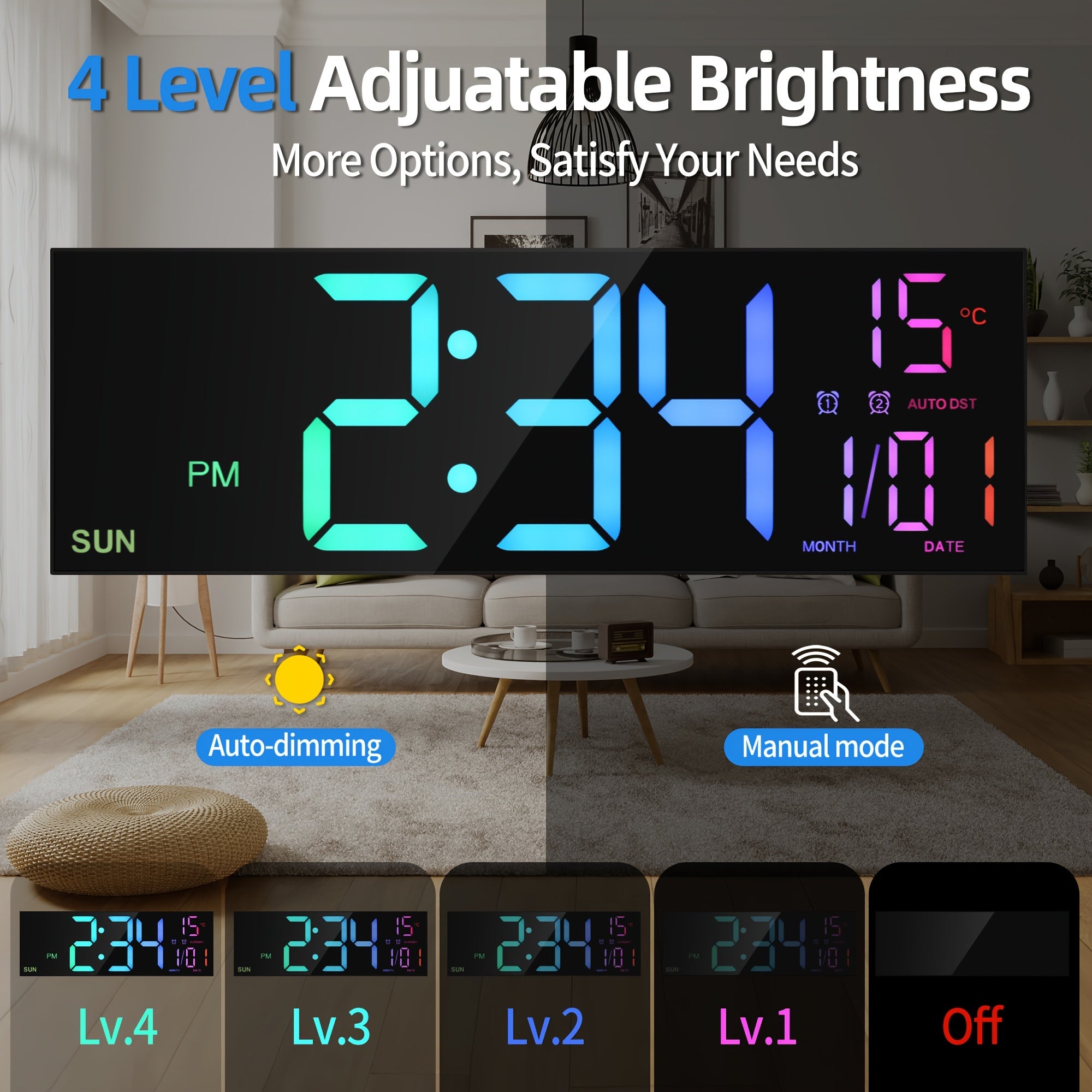 Tomori LED-Digitaluhr 41 cm – USB, RGB-Farben, Dual-Alarm & Fernbedienung