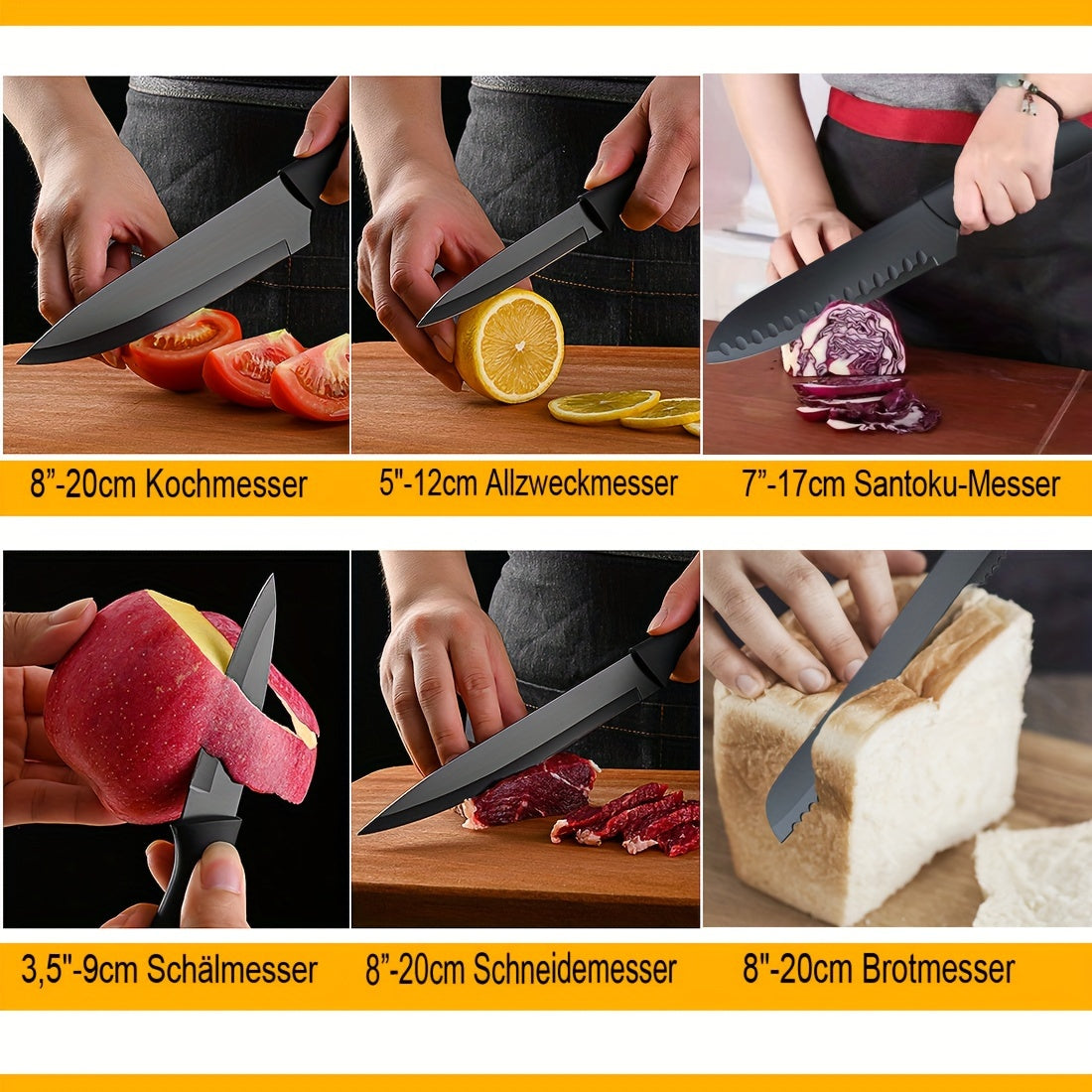 Kurotai 7‑teiliges Profi-Messer-Set – Schwarzes Titan-Küchenmesser Set aus rostfreiem Edelstahl mit ergonomischen Griffen
