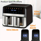 ThermoKorb 9L Dual-Zonen Heißluftfritteuse – 8 Programme, LED-Timer, Antihaftbeschichtung, Sichtfenster