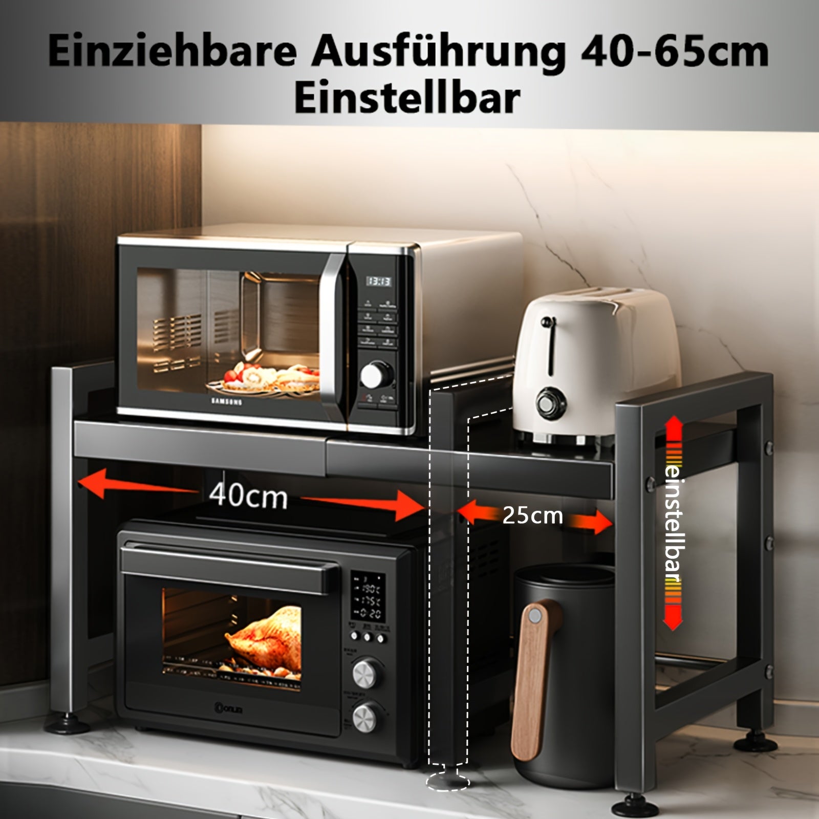 Kazoka Mikrowellenregal – Verstellbares 2‑Etagen Karbonstahl Regal mit 6 Haken, 40–64 cm Breite