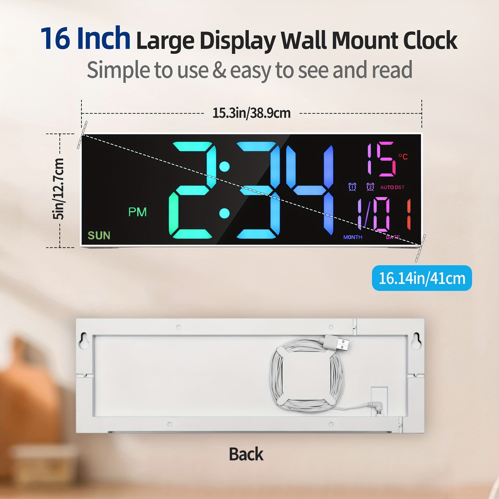 Tomori LED-Digitaluhr 41 cm – USB, RGB-Farben, Dual-Alarm & Fernbedienung