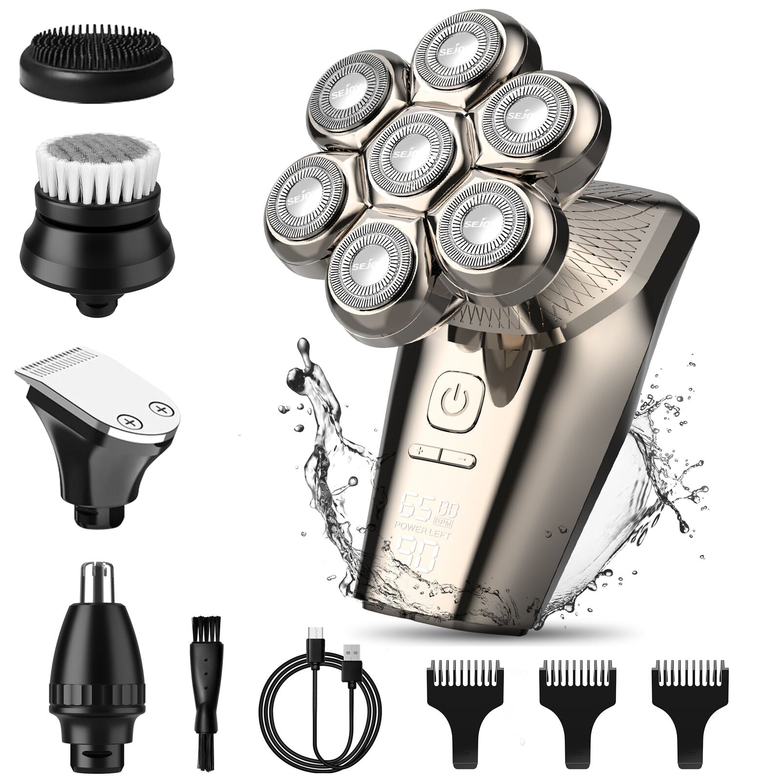 SkullShaver Max : 6D-Schwimmkopf-Rasierer: 5-in-1 Trimmer, Wasserdicht, Schnellaufladung, Herren, Nass/Trocken, Präzision, Hautfreundlich, Intelligente LED, Ergonomisch