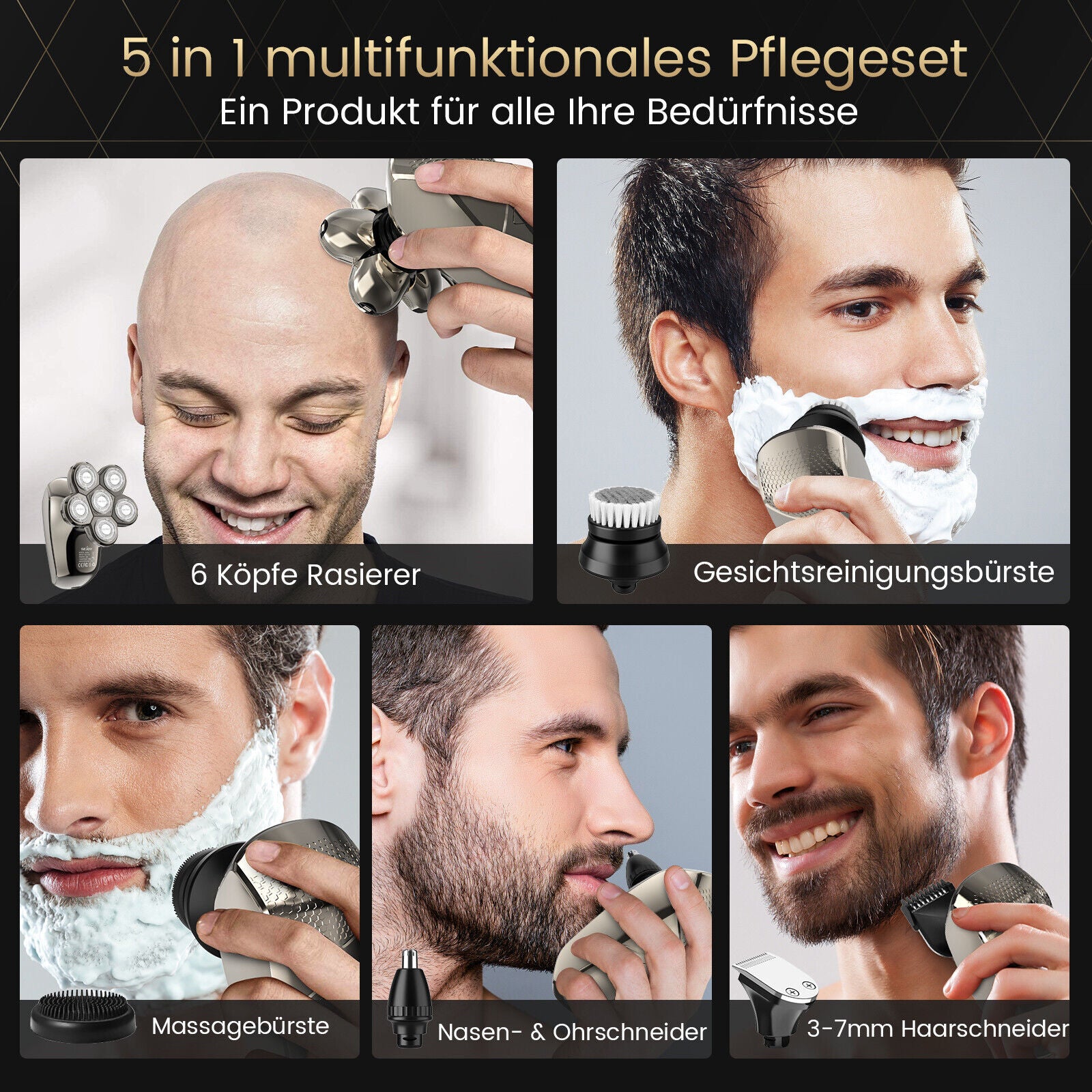 SkullShaver Max : 6D-Schwimmkopf-Rasierer: 5-in-1 Trimmer, Wasserdicht, Schnellaufladung, Herren, Nass/Trocken, Präzision, Hautfreundlich, Intelligente LED, Ergonomisch