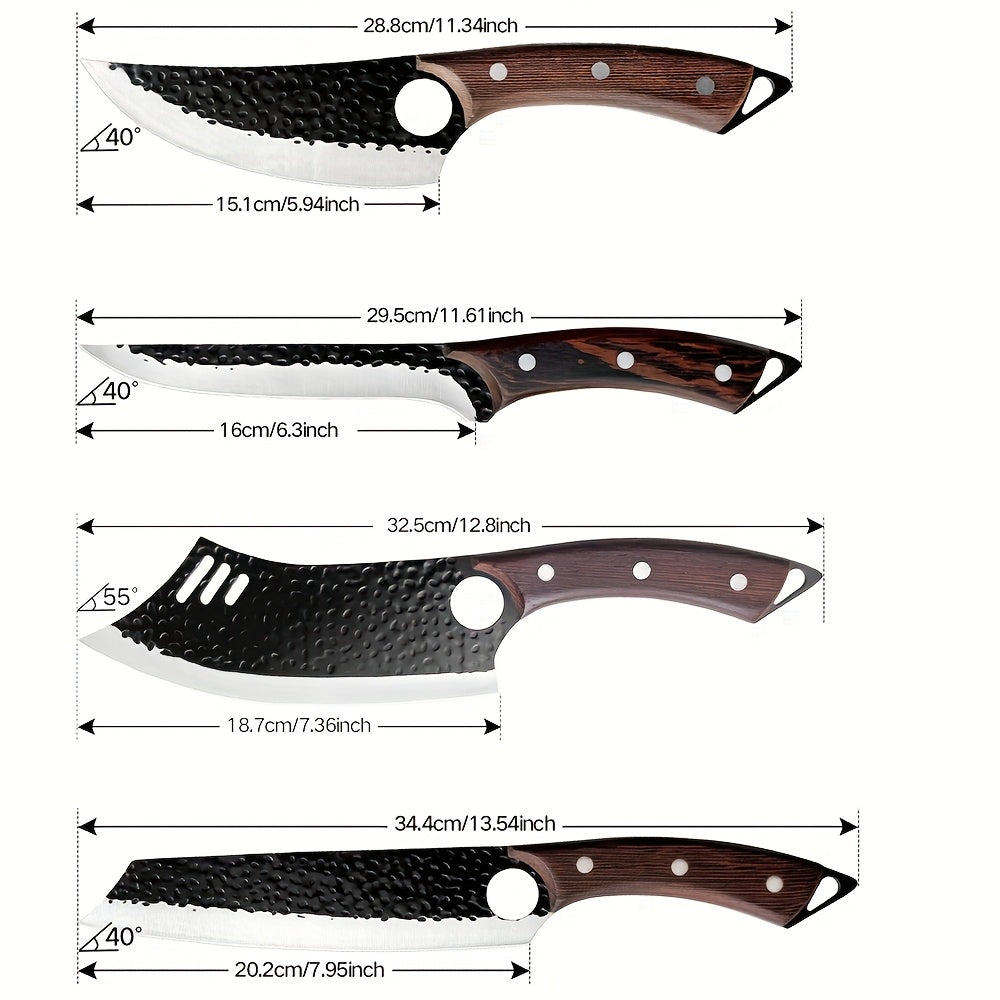 Takuro 4‑Klingen Profi-Messer-Set – Fleisch-, Gemüse- & Outdoor-Messer mit Holzgriff für Camping & Küche