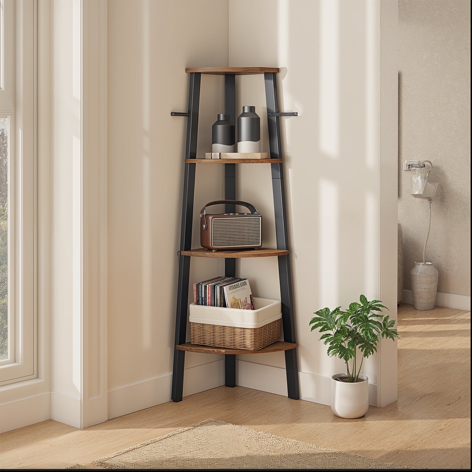 Eckregal "Tatsuki" – 4-stöckiges Bücherregal im Industrie-Design, Leiterregal aus Holz und Stahlrahmen, Standregal für Wohnzimmer, Büro oder Flur, platzsparend & robust