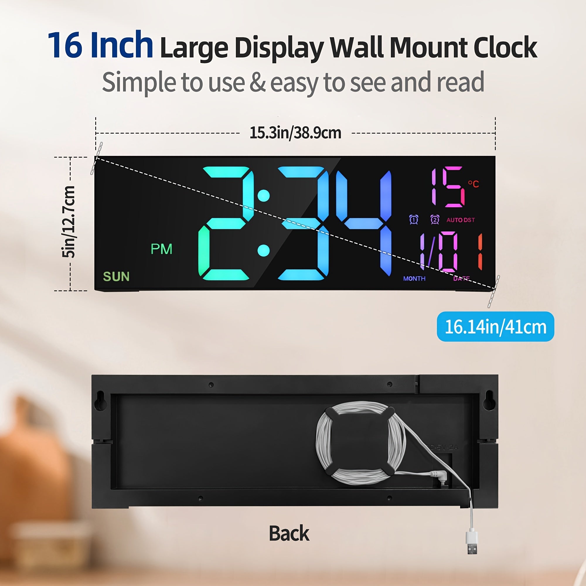 Tomori LED-Digitaluhr 41 cm – USB, RGB-Farben, Dual-Alarm & Fernbedienung
