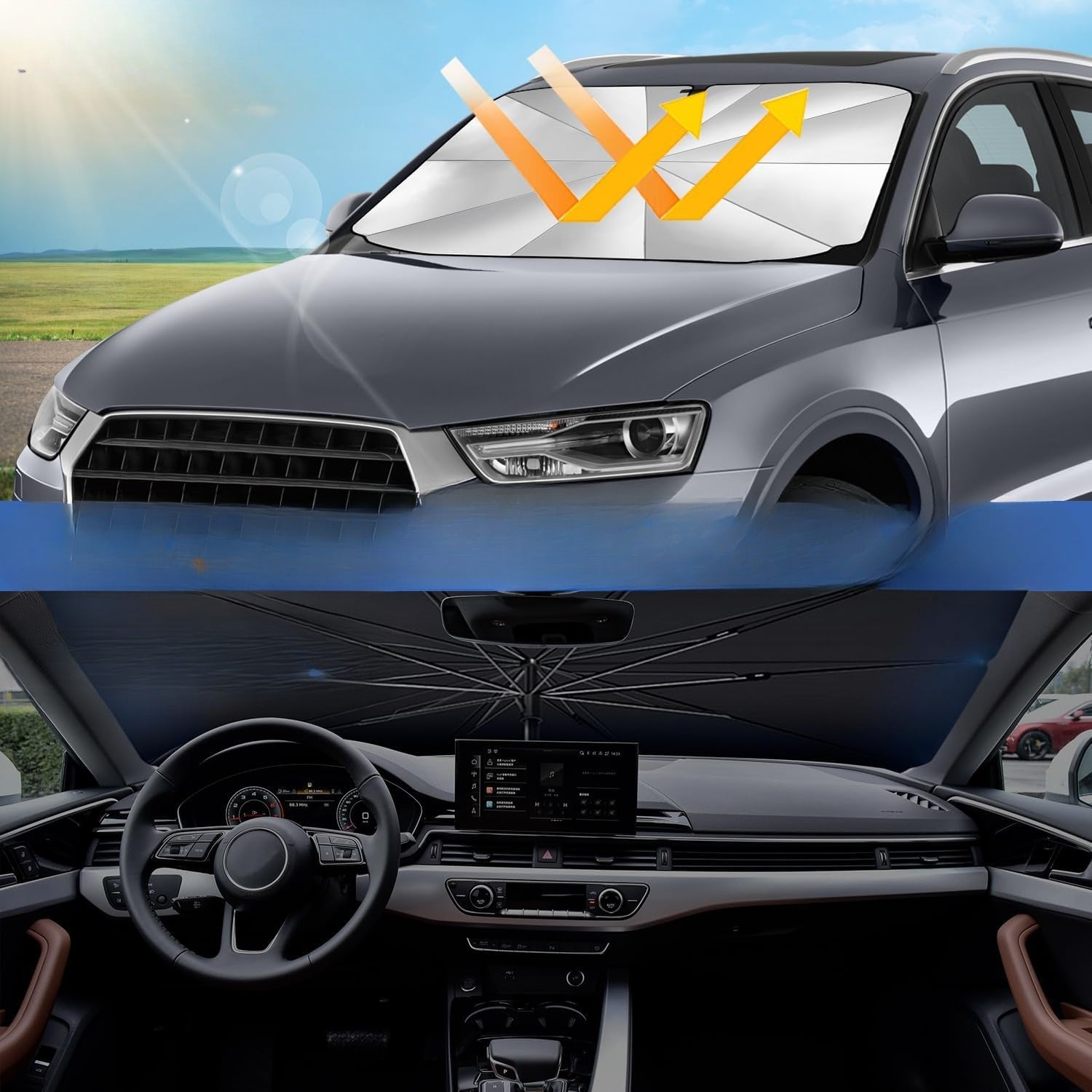 Shinkaze 360° Auto-Sonnenschutzschirm – Faltbarer UV-Schutz für Windschutzscheibe mit Carbonrahmen & Drehgriff