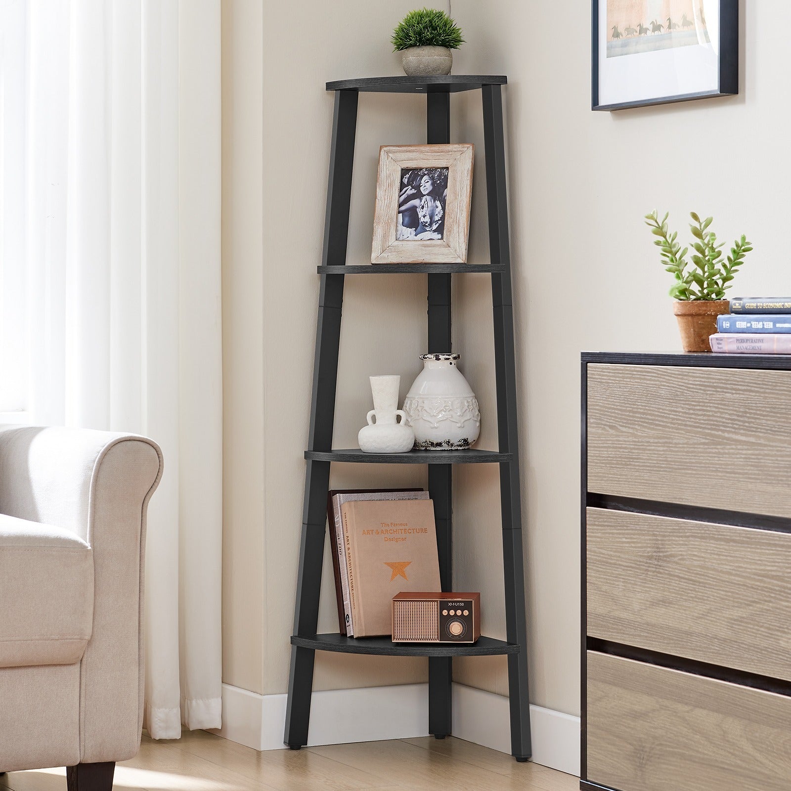 Eckregal "Tatsuki" – 4-stöckiges Bücherregal im Industrie-Design, Leiterregal aus Holz und Stahlrahmen, Standregal für Wohnzimmer, Büro oder Flur, platzsparend & robust