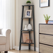 Eckregal "Tatsuki" – 4-stöckiges Bücherregal im Industrie-Design, Leiterregal aus Holz und Stahlrahmen, Standregal für Wohnzimmer, Büro oder Flur, platzsparend & robust