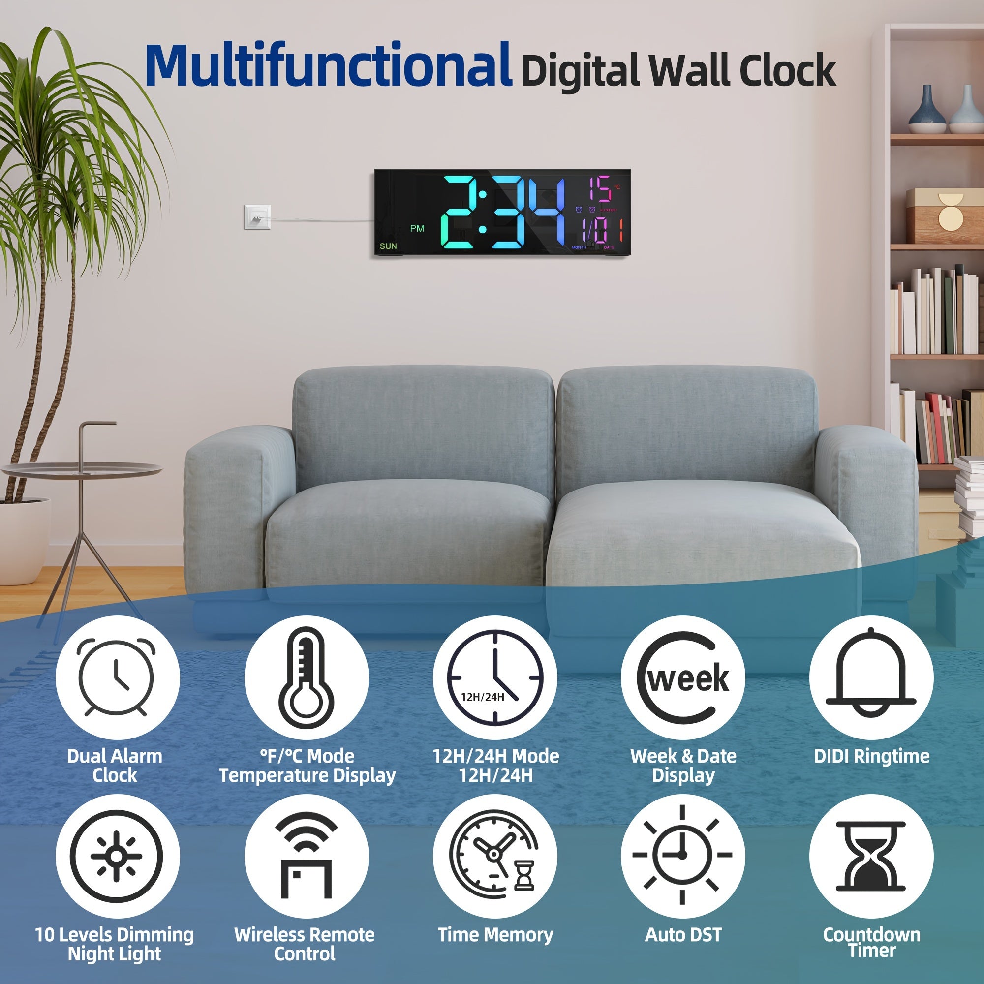 Tomori LED-Digitaluhr 41 cm – USB, RGB-Farben, Dual-Alarm & Fernbedienung