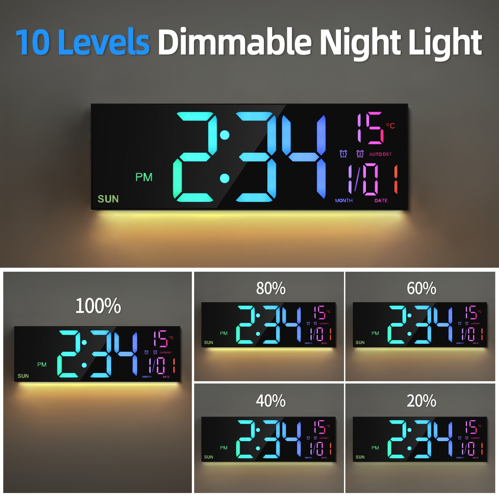 Tomori LED-Digitaluhr 41 cm – USB, RGB-Farben, Dual-Alarm & Fernbedienung