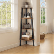 Eckregal "Tatsuki" – 4-stöckiges Bücherregal im Industrie-Design, Leiterregal aus Holz und Stahlrahmen, Standregal für Wohnzimmer, Büro oder Flur, platzsparend & robust