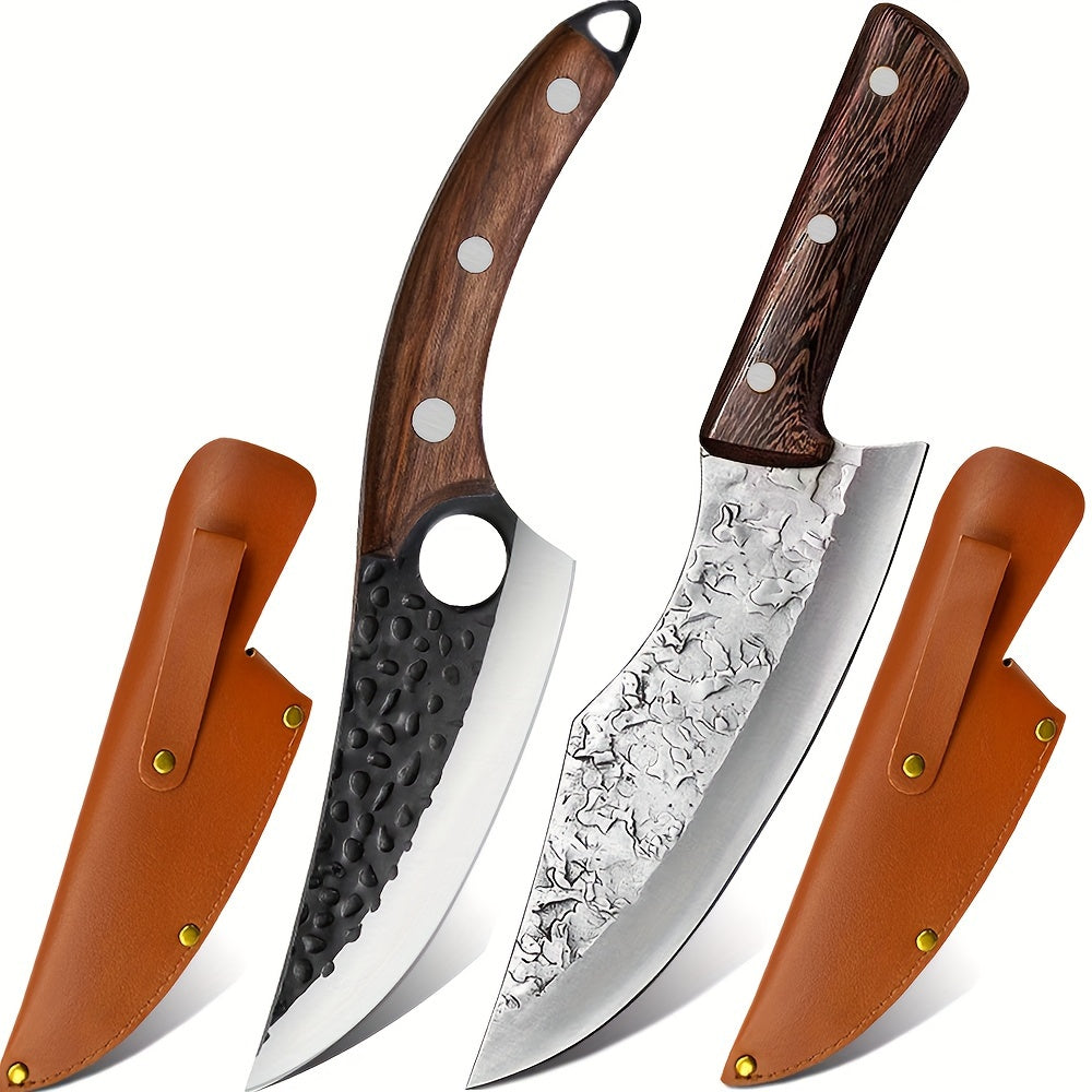 Kenji 2‑Klingen Messer‑Set – Edelstahl Fleisch- & Outdoor-Messer mit Holzgriff