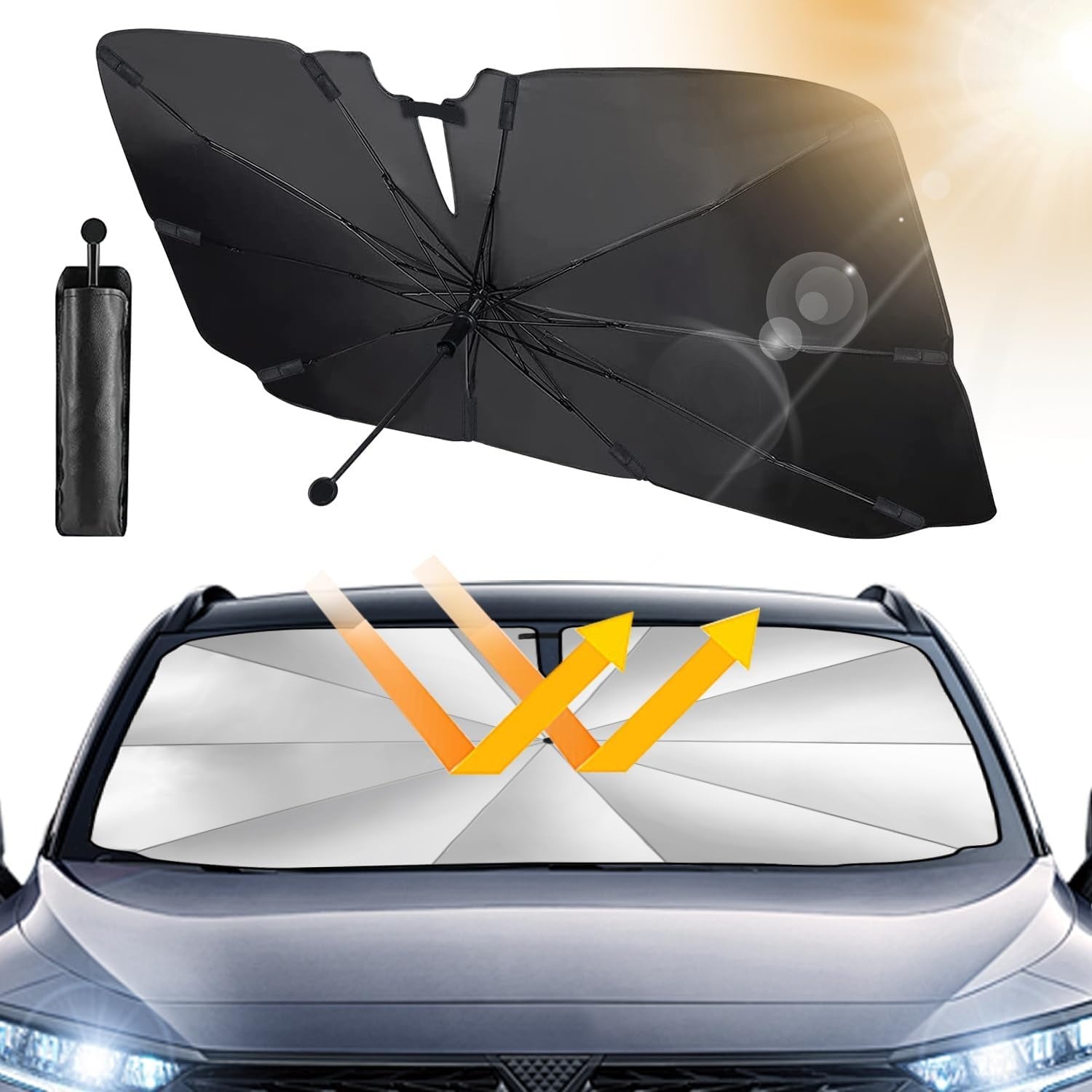 Shinkaze 360° Auto-Sonnenschutzschirm – Faltbarer UV-Schutz für Windschutzscheibe mit Carbonrahmen & Drehgriff