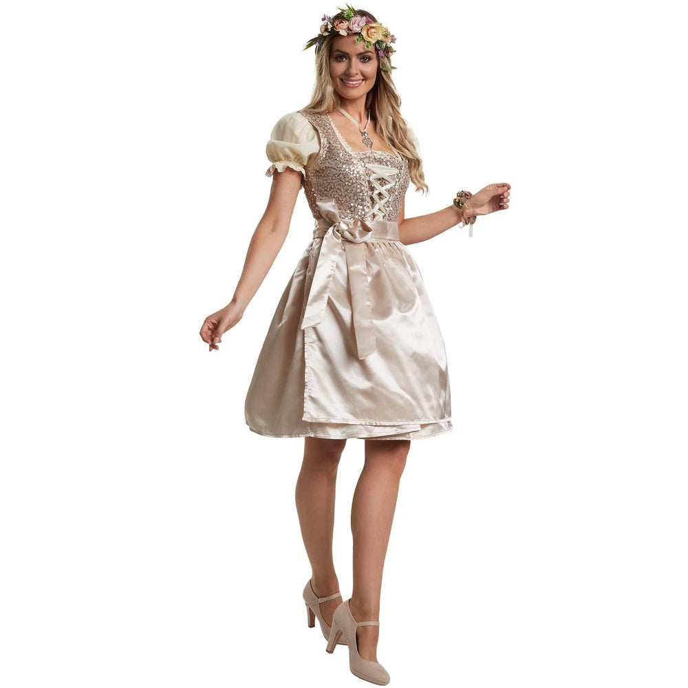 Beige Damen Mini Dirndl mit Schürze – Perfekt für Oktoberfest und Volksfeste