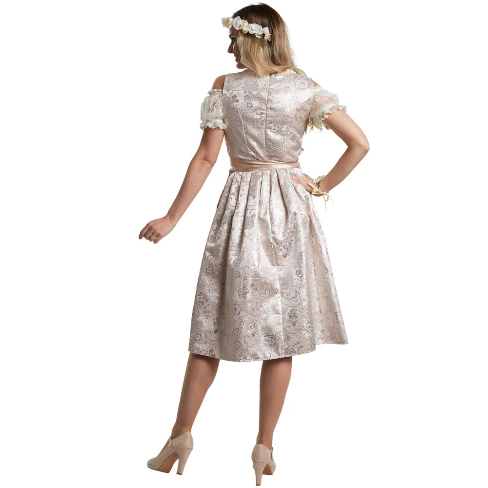 Beige und Silbernes Midi Dirndl für Damen – Elegantes Trachtenkleid für Oktoberfest und Volksfeste