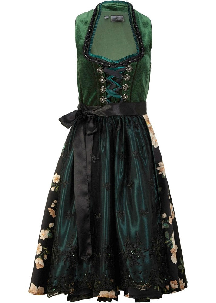 Elegantes Samt-Dirndl in Fichtengrün mit Metallic-Gold-Details