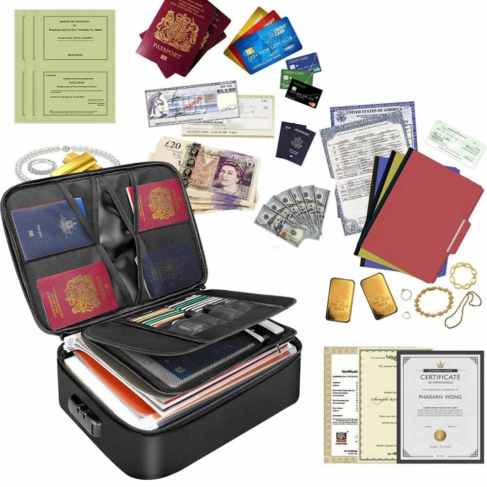 Kagami feuerfeste Dokumententasche mit Zahlenschloss – Wasserdichte Organizer-Box für wichtige Unterlagen (36 × 29,5 × 10 cm)