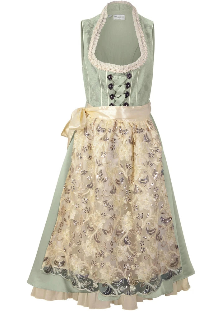 Elegantes Dirndl in Rauchgrün mit glitzernder Pailletten-Schürze