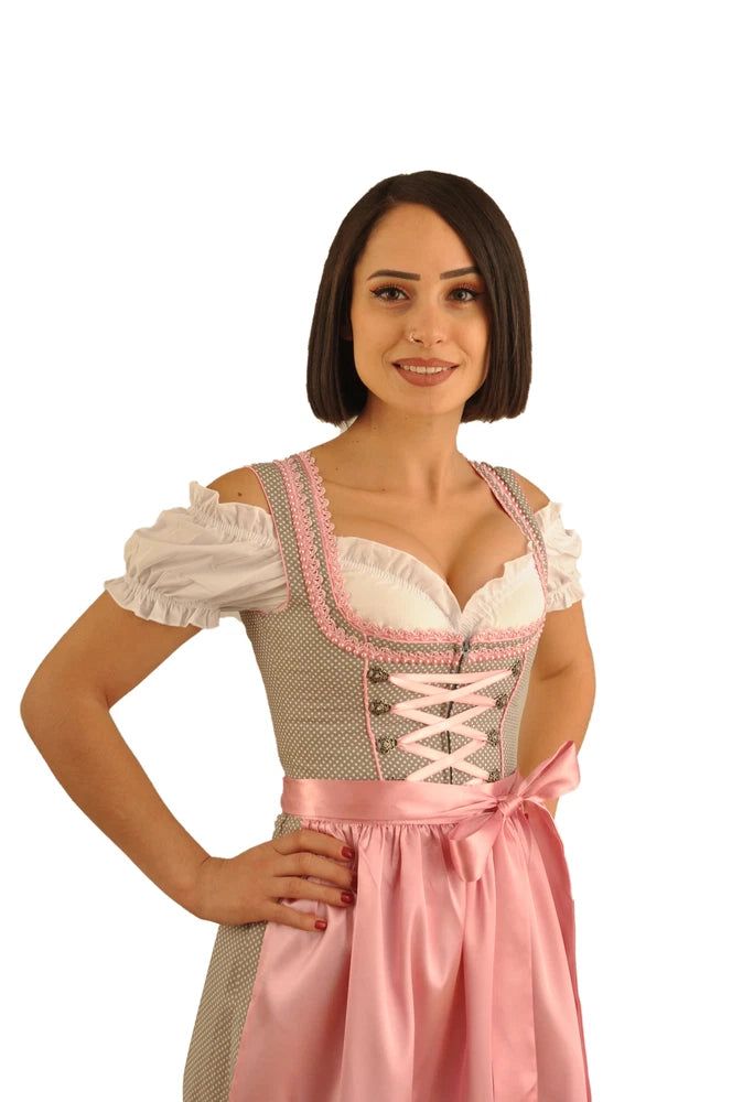 Zweiteiliges Dirndl Trachtenkleid für Damen in Grau und Rosa – Kleid mit Schürze (ohne Bluse)