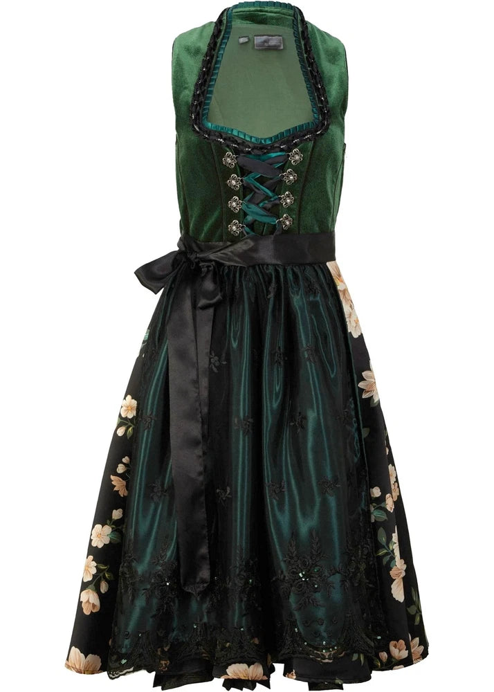 Elegantes Samt-Dirndl in Fichtengrün mit Metallic-Gold-Details