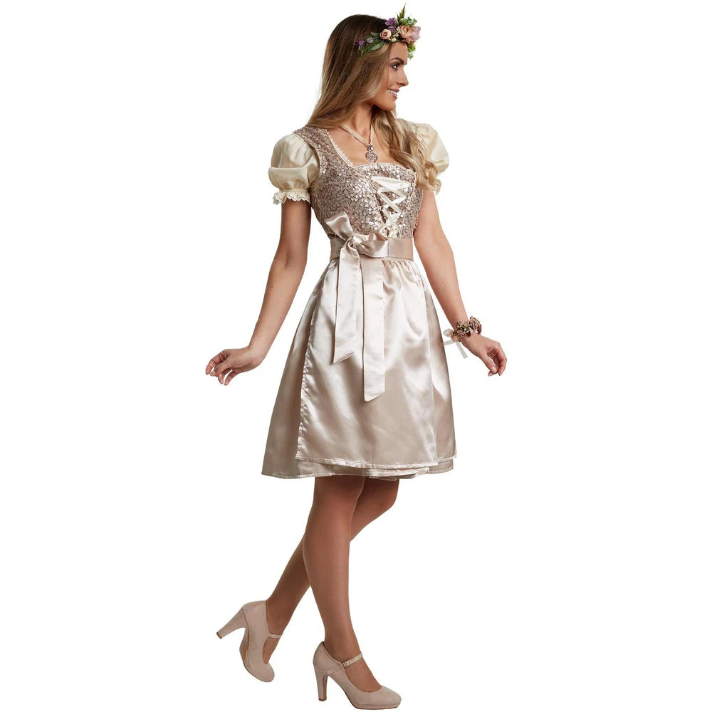 Beige Damen Mini Dirndl mit Schürze – Perfekt für Oktoberfest und Volksfeste